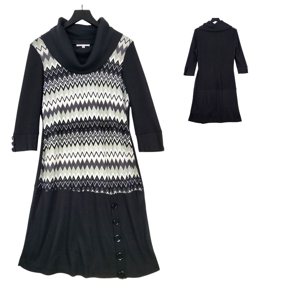 Sandra Darren Cowl Neck Knit Dress Large Chevron Lined Metallic Occasion Career